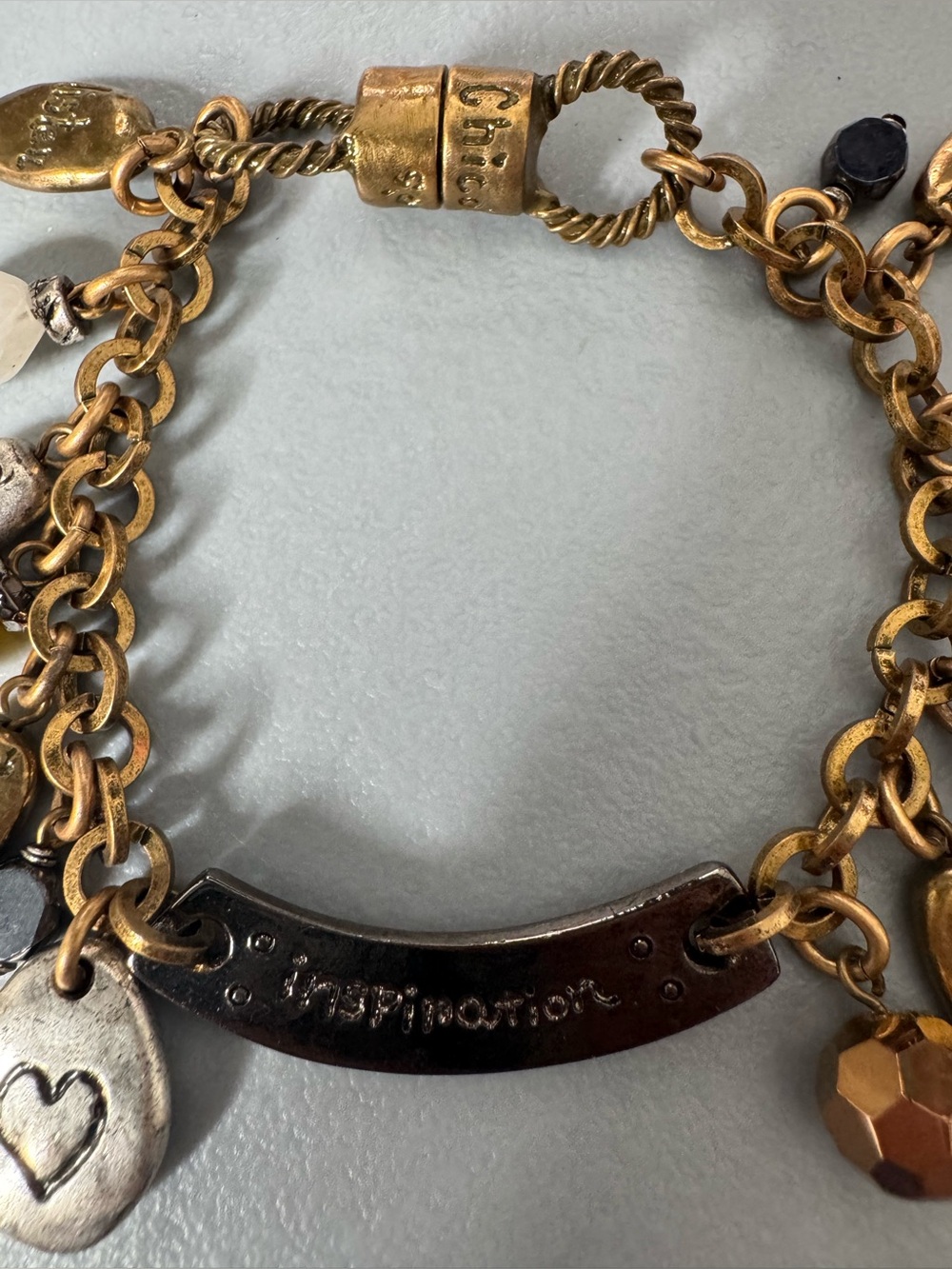 Chico's Gold-Tone Charm Bracelet with White and Amber Accents motivational boho - Picture 3 of 7